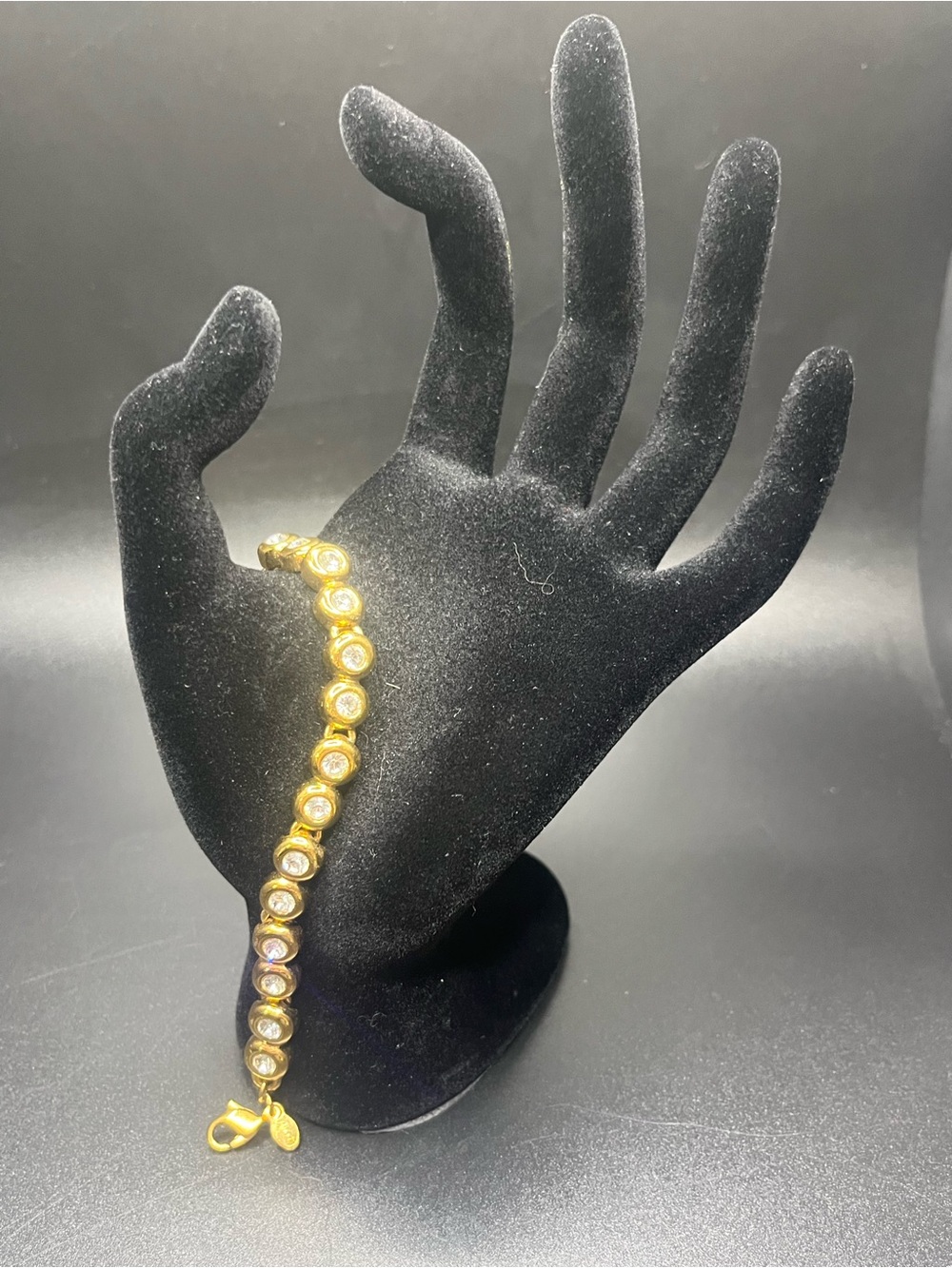 Vintage Monet Gold Tone Crystal Tennis Bracelet Signed Bezel Set Rhinestones - Picture 3 of 6